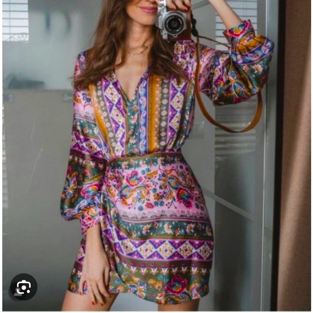 Zara Pink Green Purple Patterned V-Neck Mini Dress